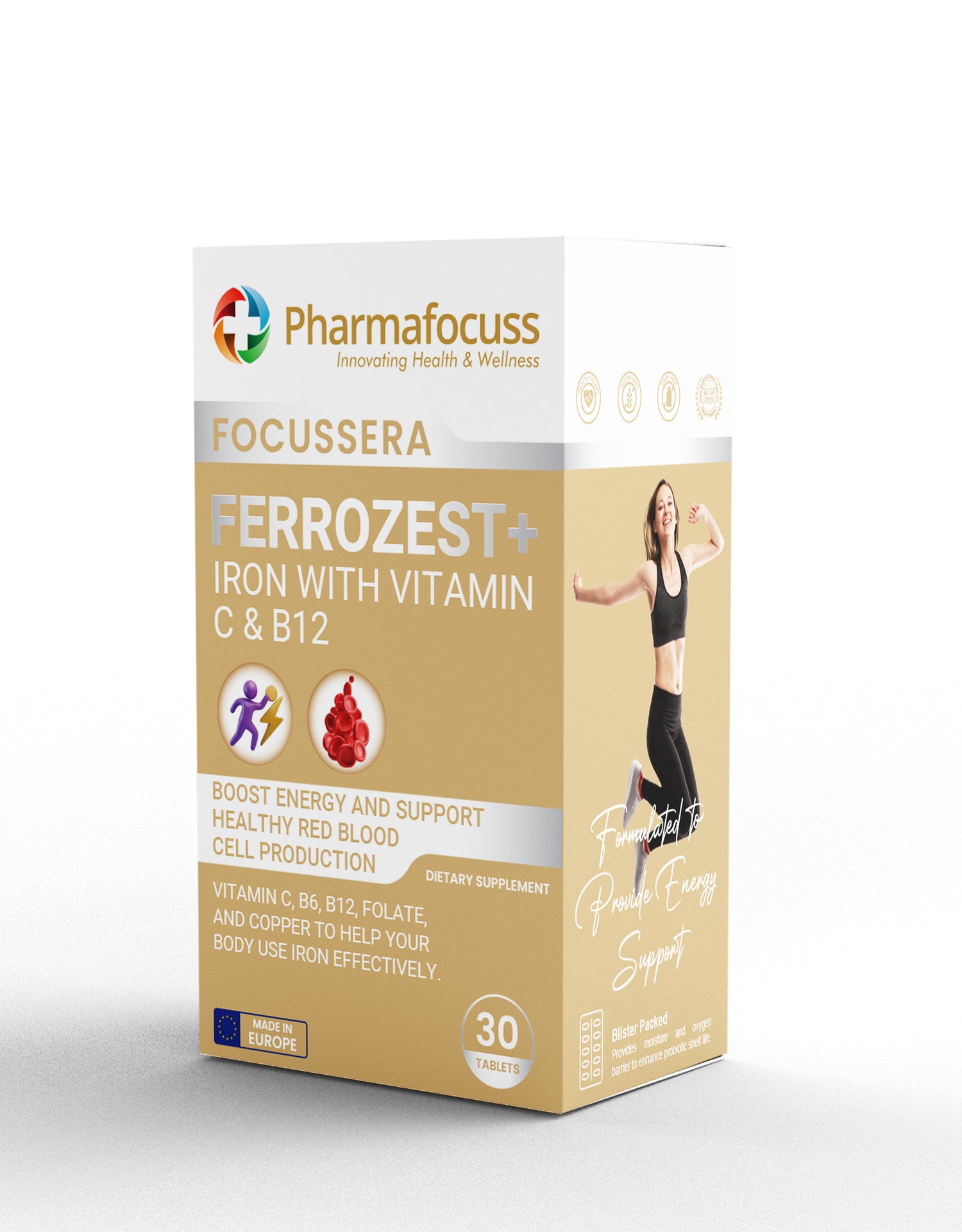 Pharmafocuss Focusséra FerroZest+ Iron with Vitamin C & B12 Tablets