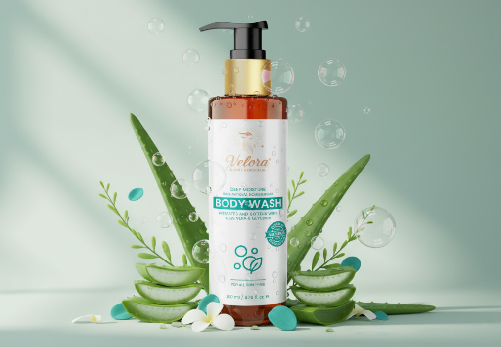 Woman using Velora Purifying Body Wash in a bright bathroom setting – natural detox and hydration
