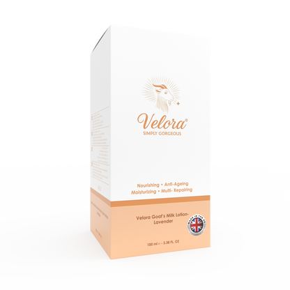 Velora Goat’s Milk Body Lotion packaging – hydrating, soothing lotion for soft radiant skin