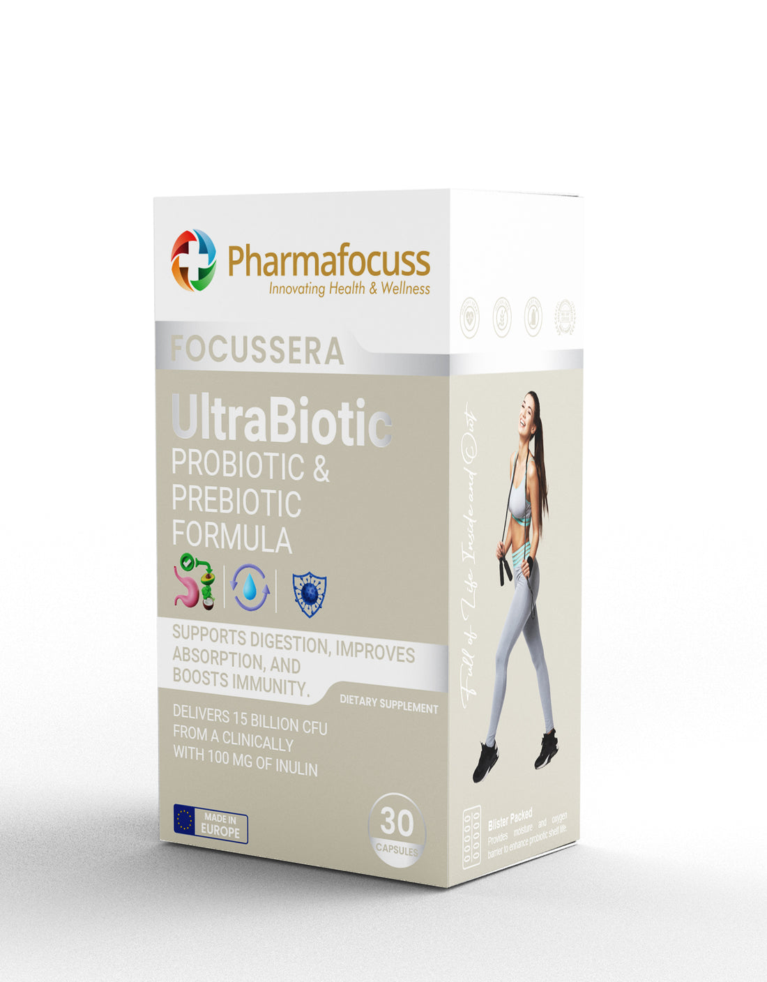 Pharmafocuss Focusséra UltraBiotic Probiotic & Prebiotic Formula Capsules.