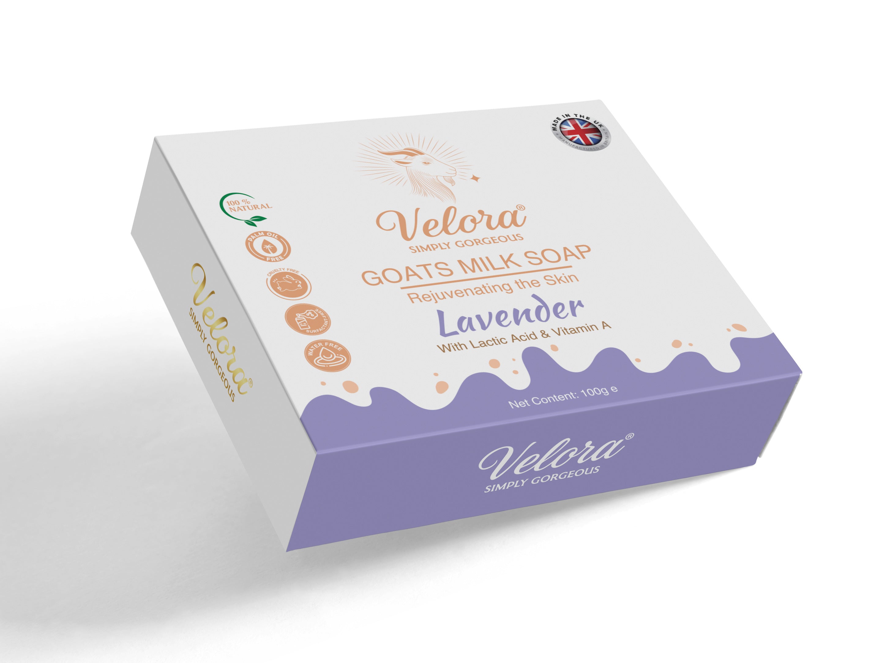 Velora Lavender Goat’s Milk Soap packaging – gentle hydrating goat milk soap for sensitive skin